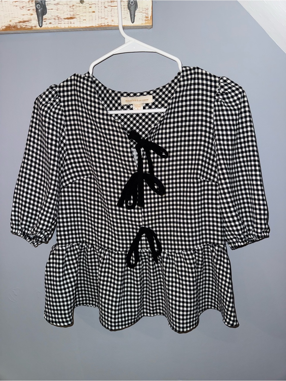 Monteau Black and White Gingham Peplum Blouse with Tie Front
